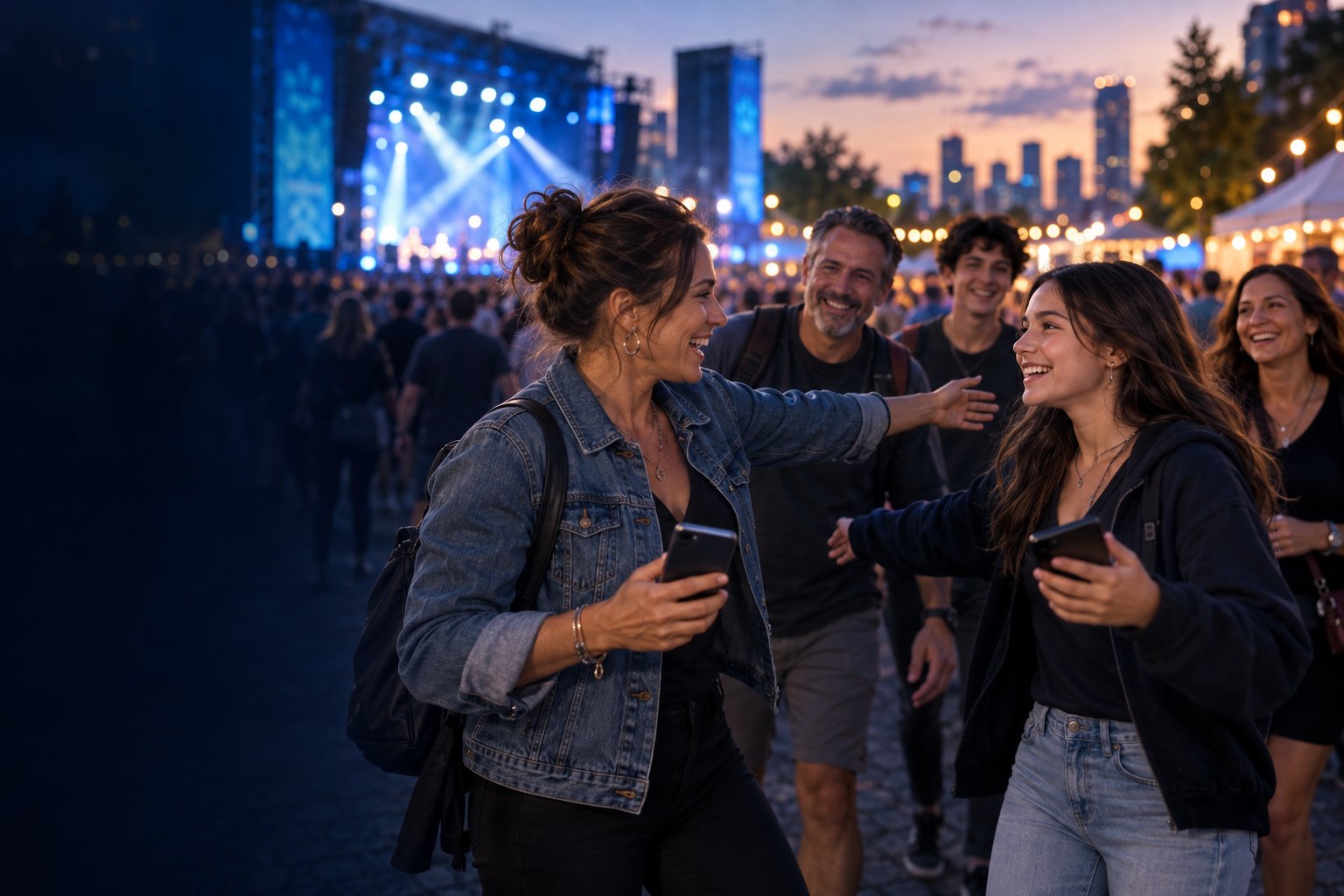 A group of friends reconnecting in a crowded outdoor festival